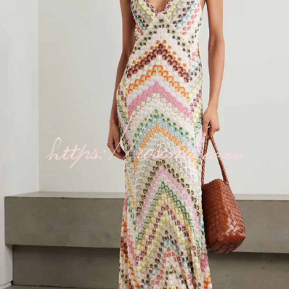 Missoni Inspired Summer Knit Colorful Herringbone Print Open Beck Maxi Dress